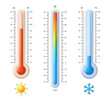 Fahrenheit and celsius thermometers. Temperature spectrum scale with hot sun and cold snowflake icons, weather meteorology measurement flat 3D illustration set vector