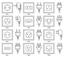 AC sockets with power plugs. Outlet and connector types from different countries around the world, electrical power point and charge cable line icons set vector