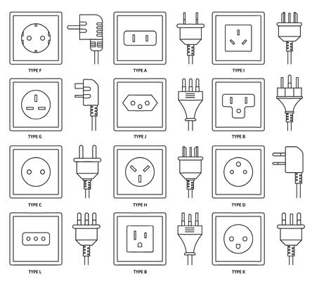 AC sockets with power plugs. Outlet and connector types from different countries around the world, electrical power point and charge cable line icons set