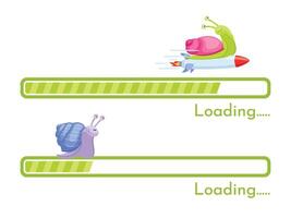 Snail internet connection speed. Slow and rocket fast download, loading bar with funny cartoon snails illustration vector