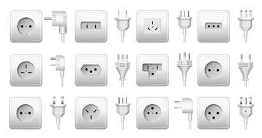 Wall socket and plug types. Electrical power point, white outlet and connectors from around the world realistic 3D illustration set vector