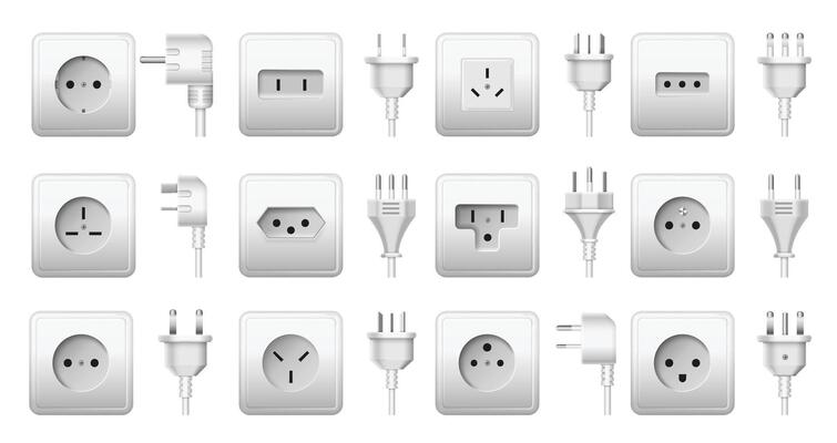 Wall socket and plug types. Electrical power point, white outlet and connectors from around the world realistic 3D illustration set