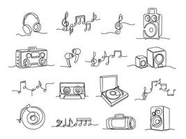 Continuous one line music illustrations. Linear headphones, audio speakers and scribble hand drawn notes set vector