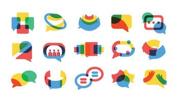 Global communication symbols. Chat color overlay, speech bubbles and online support icons set vector