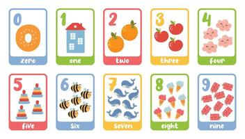 Vintage cartoon numbers cards. Educational children poster for teaching and learn kids to count and calculate illustration set vector