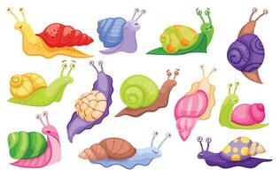 Cartoon snail. Funny smiling garden snails with color shells, happy faces and cute eyes. Gastropod illustration set vector