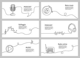 Continuous one line music banners. Audio podcast, online radio, music theory lessons, media player and headphones promo template set vector