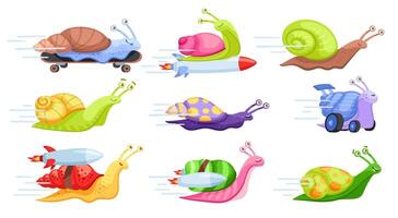 Cartoon fast snails. Turbo rocket fast-moving snail, playful gastropod on skateboard, slow run and humorous race illustration set vector