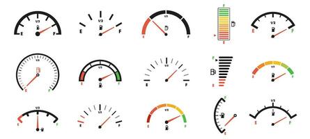 Fuel gauge scales. Gas meter, petrol level indicator for car dashboard panel design. Gage dials with empty and full marks set vector