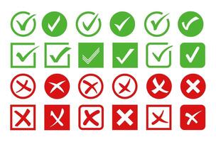 Checkmark and cross icons. Verification sign, approved and denied marks. Accepted and rejected different styles symbol set vector