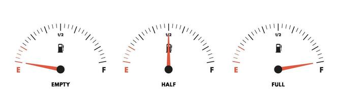 Fuel gauge levels. Full, half and empty gas tank level indicator. Gasoline meter, vehicle petrol gauges illustration set vector