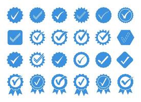 Blue check mark icons. Profile verification badge, approval seal and quality marks symbol set vector