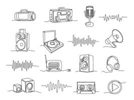 Continuous one line sound illustrations. Linear sound wave, audio players and speakers for music listening set vector