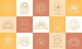Bohemian rays badges. Boho sunburst motifs emblems, celestial moon and mystical sunset sun template set vector