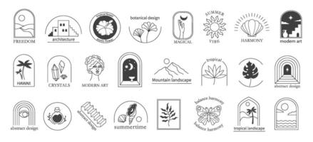 Bohemian linear tropical emblem template. Minimal abstract badges, modern line art Boho designs set vector