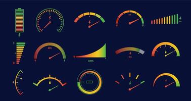 Electric car gauge scales. Energy meter, battery power level indicator for ev dashboard panel set vector