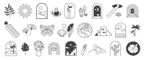 Bohemian line art. Boho aesthetic nature and artistic elements, linear minimalist abstract illustrations set vector