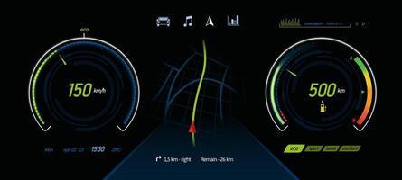 Electric car dashboard. EV auto ui with various indicators, pictogram icons and gauges for cars running on electric power illustration template vector