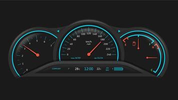 Car dashboard. Vehicle performance monitoring indicators and gauges, fuel level and speedometer ui illustration vector
