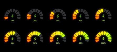 Power level indicator animation. Energy meter, battery gauge bar and animated charging progress with percentage template vector