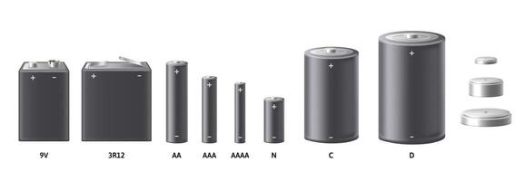 Realistic battery mockup. Different types of alkaline batteries and accumulators. Empty portable electricity power source template for design isolated 3D illustration set vector