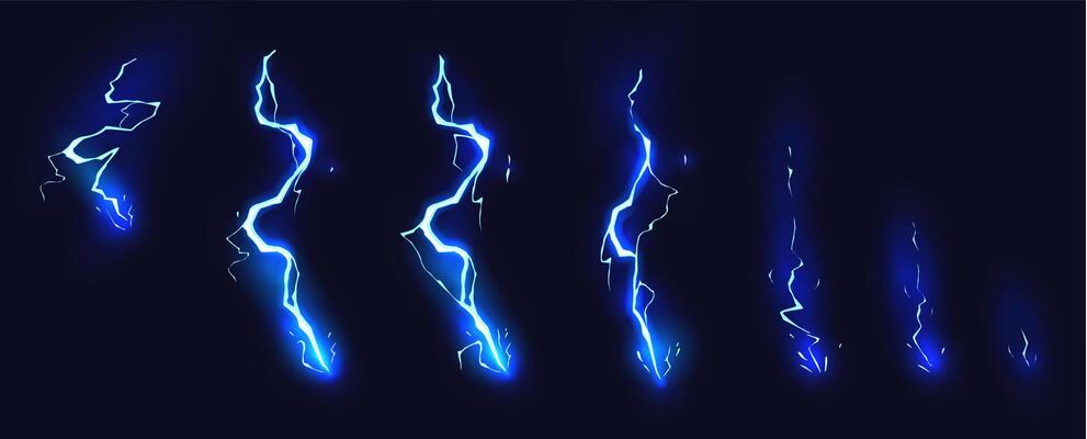 Cartoon lightning animation. Animated frames of electric strike, magic electricity hit and thunderbolt effect illustration set