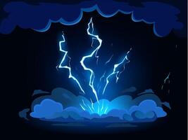 Cartoon lightning strike. Thunderbolt hit from thunderstorm clouds, shock flash effect illustration vector