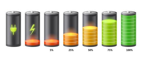 Battery charge indicator animation. Rechargeable batteries charging process stages, connect charger icon and accumulator capacity scale set vector