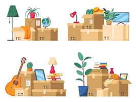 Moving home boxes pile. House stuff packed in cardboard boxes with fragile sign for apartment moving cartoon illustration set vector
