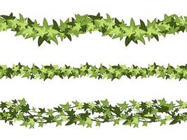 Seamless green ivy horizontal dividers. Botanical border, climbing vine and branch line cartoon set vector