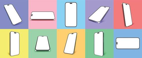 Smartphone mockups. Realistic 3D mobile phone frames with shadows, isolated color cellphone device on colorful background branding template set vector