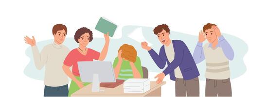 Angry team. Working stress, office chaos and stressed employees cannot solve problem. Unhealthy communications in team illustration vector