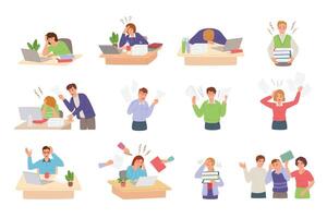 Stress work. Cartoon busy office workers with piles of work, overwhelmed team and ineffective management. Deadline illustration set vector