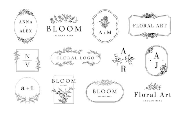 Botanique emblem collection. Floral frames, monogram with blooming flowers and elegant branches. Wedding invitation template set