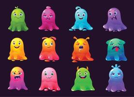 Cartoon slime monsters. Sticky blob character, color jelly creatures and funny monster aliens illustration set vector