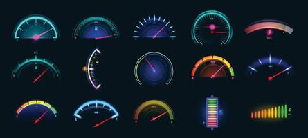 Car dashboard meter designs. Colorful speedometer, fuel gauge and battery level indicators illustration set vector