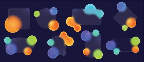 Frosted glass frames. Futuristic glassmorphism app window frame, transparent acrylic block with abstract gradient shapes. Banner background template set vector