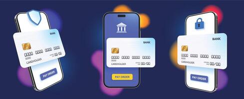Mobile banking. Smartphone mockup with bank card template for banking app promotion, secure online payments 3D illustration set vector