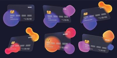 Transparent bank card. Abstract glass credit card template with blurred gradient shapes mockup illustration set vector