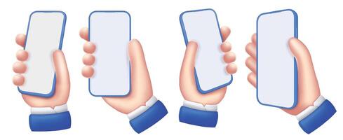 Mobile phone in hand mockup. Cartoon hand holding smartphone with empty screen and blue frame around display, app showcase template set vector