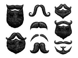 Sketch black mustache and beard. Hand drawn retro gentleman barber styles, engraved vintage illustration set. vector