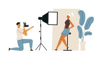 Photographers and models, professional cameraman workflow process vector
