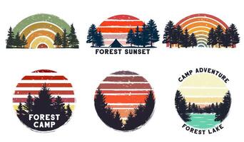Wild camp, sunrise camping and nature trees with grunge 80s striped sun background vector