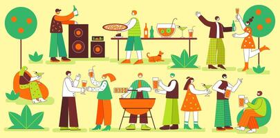 Park party with fun drinks. Happy people dancing and celebrating together, open air summer feast illustration vector