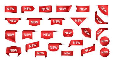 New tags. Red ribbon new product labels, new arrival badges and corners for marketing and promotion isolated set vector