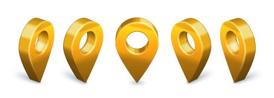 Golden locator pin 3D icon. Location map pointer rotation animation, gold metallic navigational markers and premium find us symbol set vector