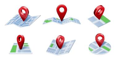 Pin on map. 3D Location icons, city GPS navigation and maps pointing arrows isolated illustration set vector