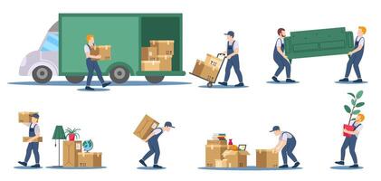 Moving service. Delivery service workers loading boxes and sofa into truck, residential move logistics cartoon illustration set vector