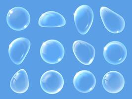 White soap bubbles. Close-up glassy and transparent water drops, abstract suds shapes and clean clear ball isolated macro illustration set vector