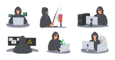 Anonymous hooded hacker. Cyber attacker hides his identity and creates computer virus, phishing attack and information theft. Cybercrime illustration set vector